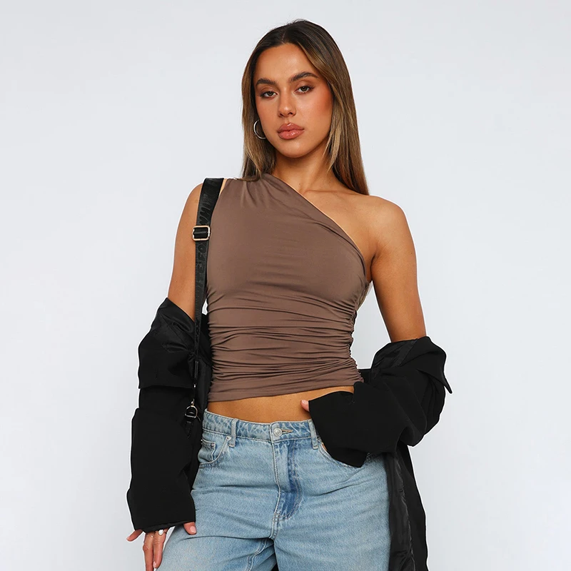 Solid Color One Shoulder Backless Tank Top T-Shirt Candy Color Sleeveless Slim Top