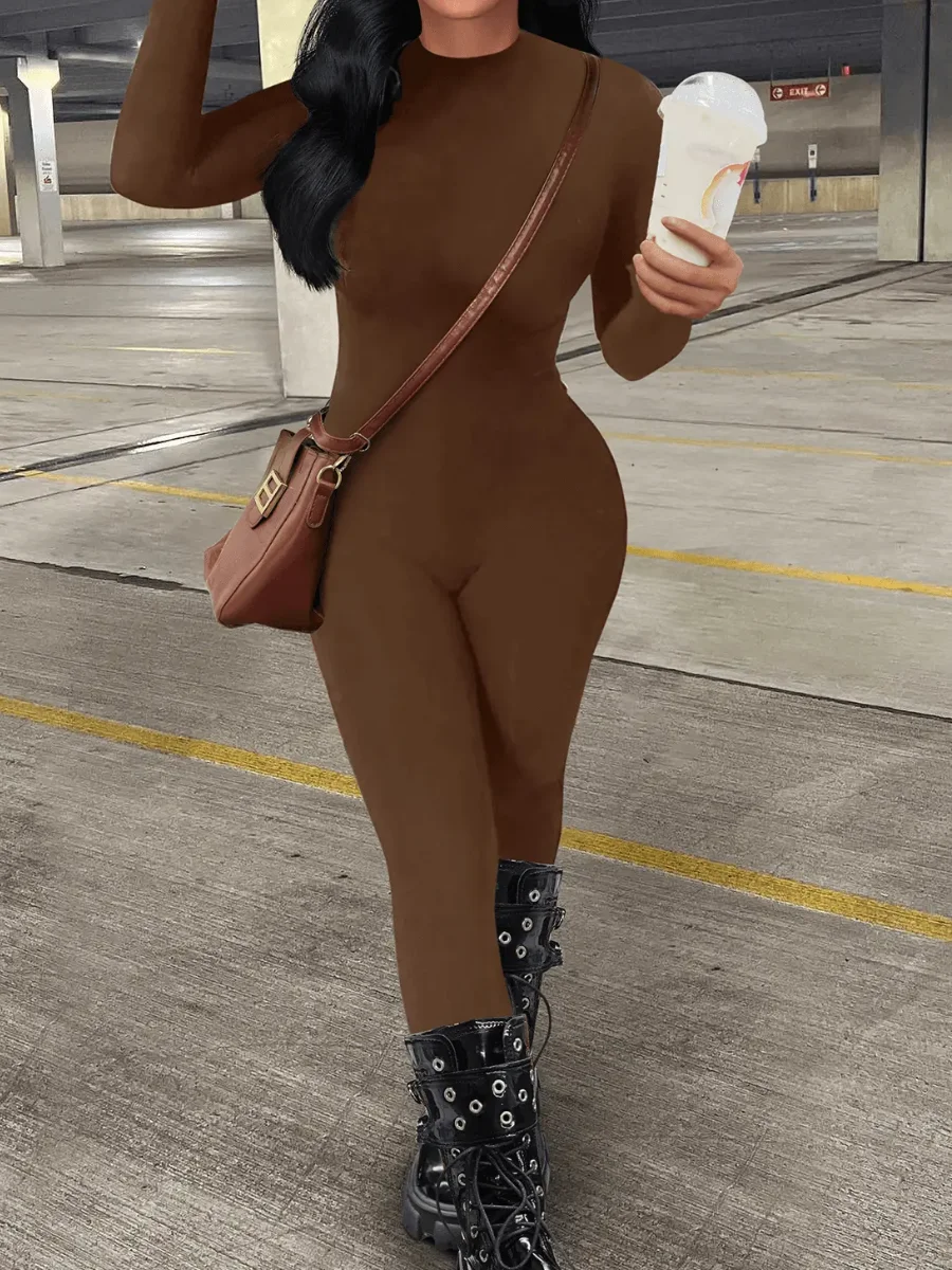 Jumpsuit Women Round Neck Skinny Basic Solid Sheath Body-shaping Casual Stretchy Simple Bodysuits Long Sleeve Rompers - Women's Round Neck Skinny Solid Sheath Jumpsuit