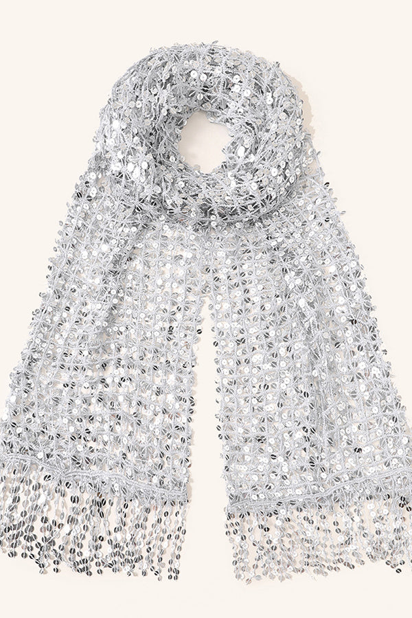 Stylish Sequined, Fringed, and Open-knit Shawl-style Scarf