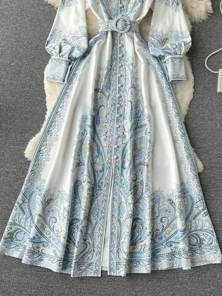 New Women Vintage Party Dress Fashion Long Sleeve Single Breasted Stand Collar Elegant Printed Long Dresses Spring Autumn Robe