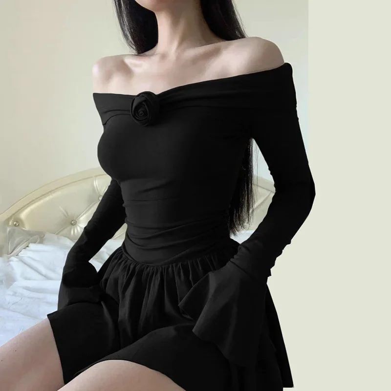 Ootddress Splice Flower Bodycon Mini Dress For Women Ruffled Folds High Waist Dresses Femme Off Shoulders Casual Slim Dress Woman