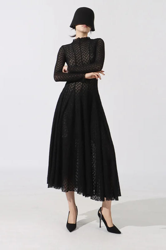 Mock Neck Geometric Crochet Knit Long Sleeve Fit and Flare Maxi Dress