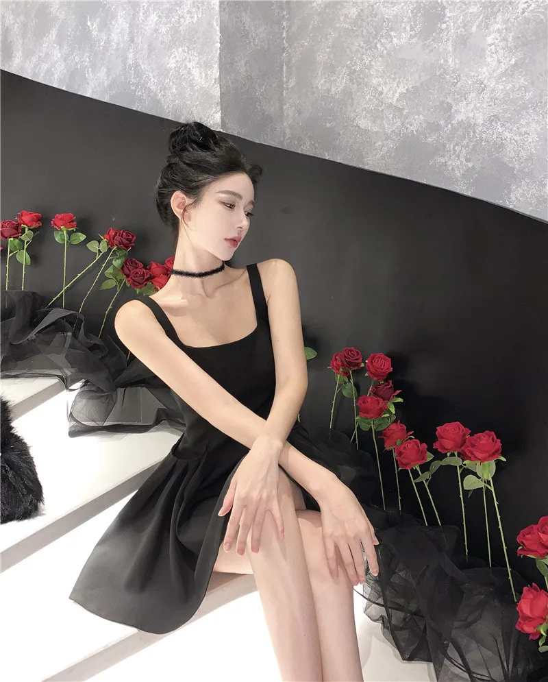 Y2K Black Short Dress Women Spaghetti Strap New Summer Sexy Evening Party Dresses with Pockets French Vintage Backless Clothing
