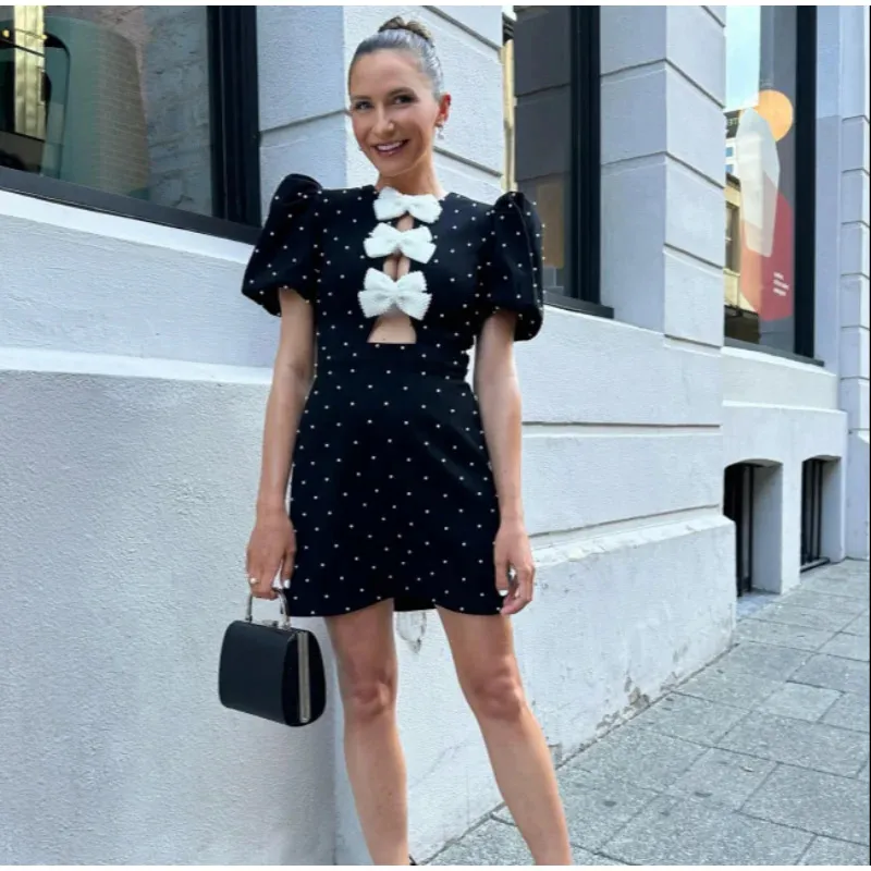 Fashion Puff Sleeve Bow Mini Dress For Women 2025 Spring Summer Solid High-waist Short Dresses Female Elegant Chic Party Looks