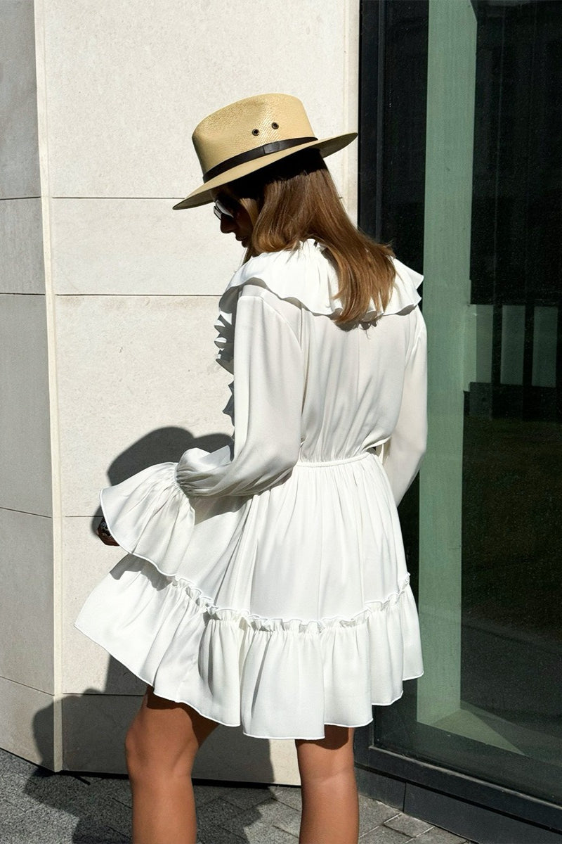 V-Neck Lace-Up Ruffle Trim Balloon Sleeve Mini Dress