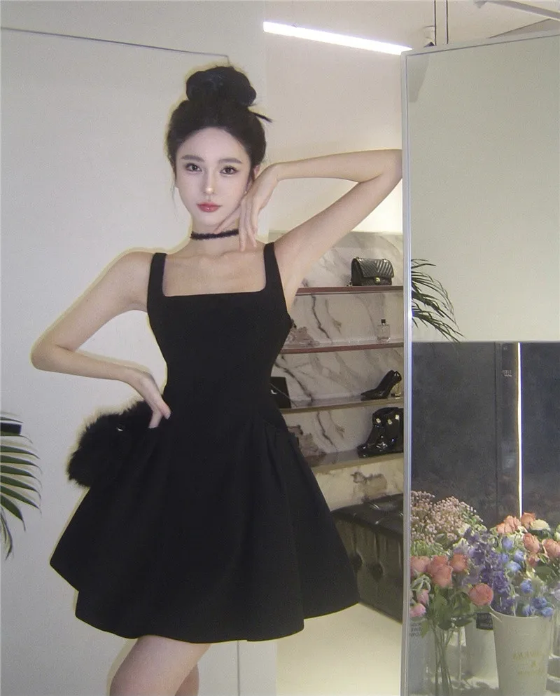 Y2K Black Short Dress Women Spaghetti Strap New Summer Sexy Evening Party Dresses with Pockets French Vintage Backless Clothing