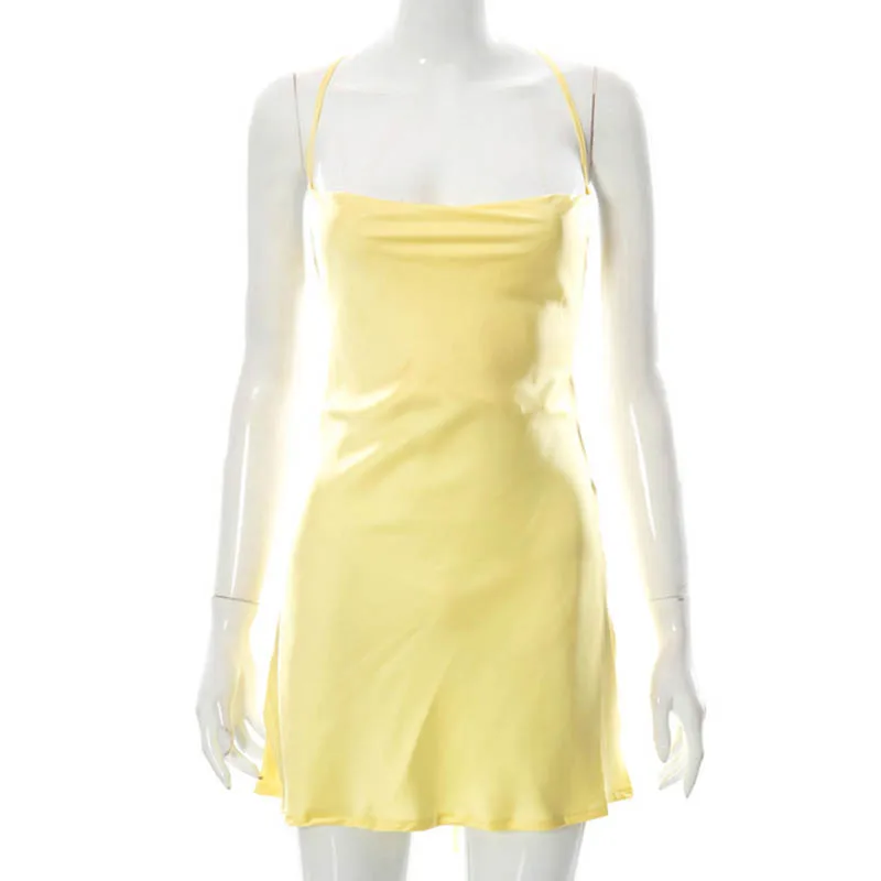 Ootddress New Spaghetti Straps Mini Satin Dress Women 2025 Summer Backless Low Cut Sexy Dresses Ladies Club Wear Party Sundresses