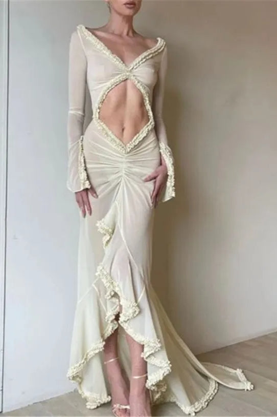 Diamond Cutout Deep V-Neck Bell Sleeve Ruffled Trim Mesh Maxi Dress
