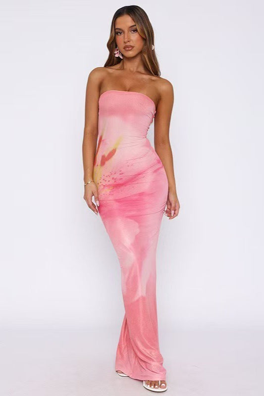 Strapless Large Lily Floral Print Mesh Bodycon Maxi Dress