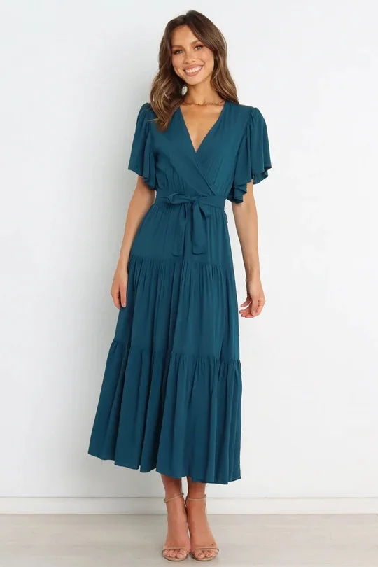 Trendy Solid Color Ruffles Long Dresses Women Sexy V-neck Ruffle Sleeves Leace-up Temperament Elegant Lady Dress 2025 Summer New 22 undefined