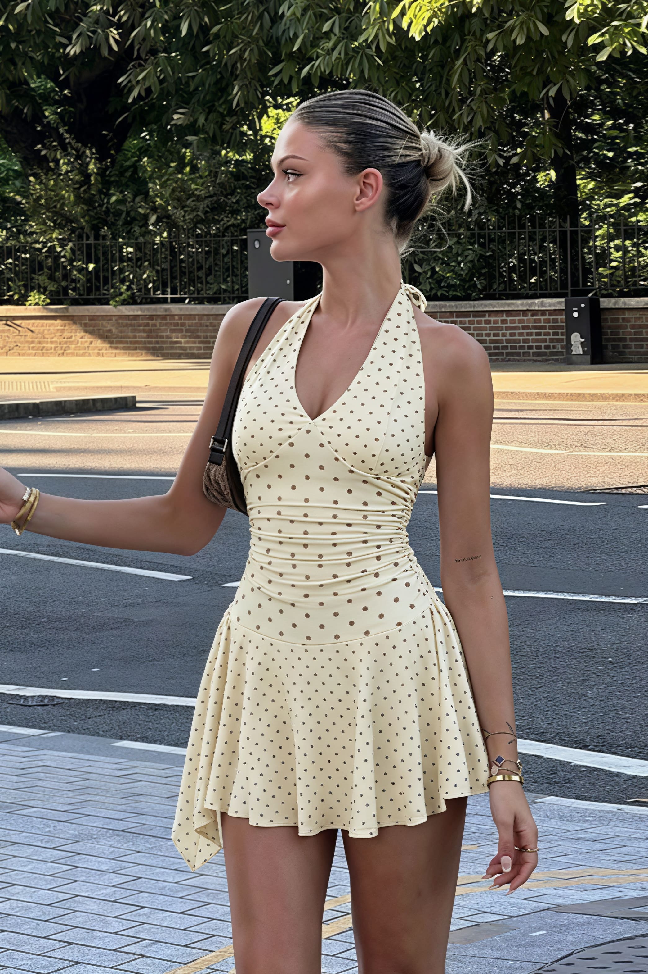 Polka Dot Halter Deep V-Neck Ruched Fit and Flare Mini Dress