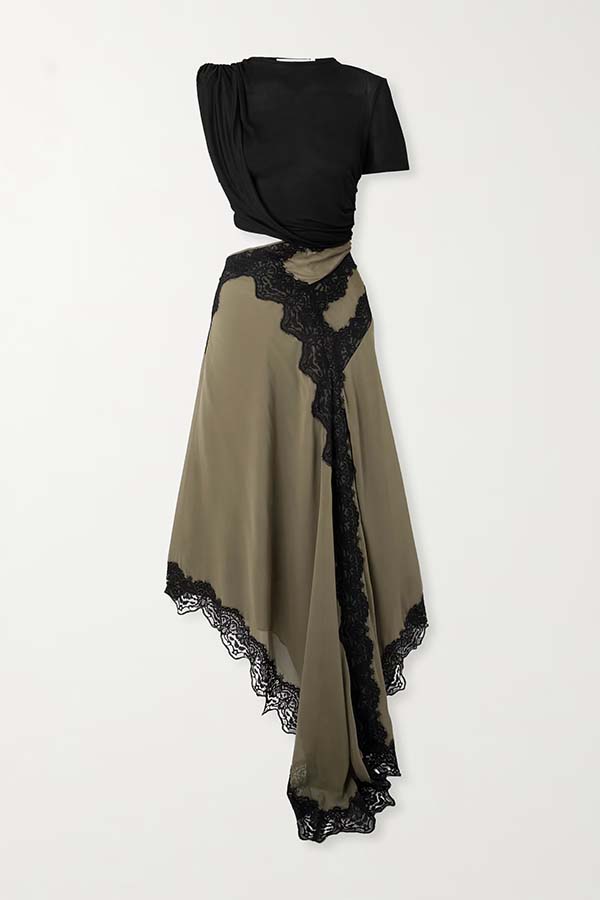 Verve Ribbed Jersey Cutout Waist Asymmetric Satin Lace Hem Maxi Dress