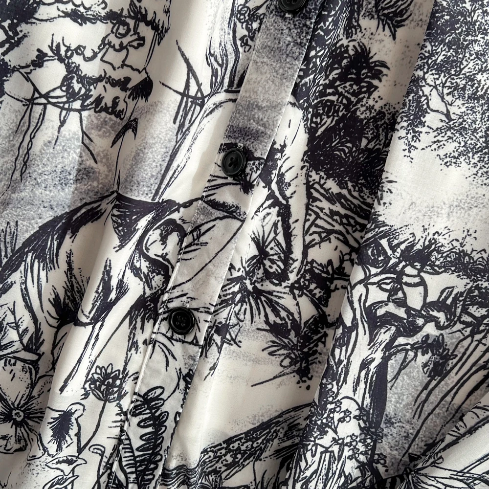 Summer Retro Shirt Dress Women Short Sleeved Lapel Single Breasted A-line Print Long Dresses Ladies Elegant Party Long Robe