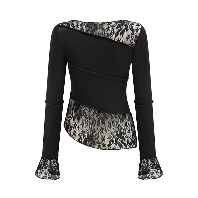 Ootddress Lace Patchwork See-Through Crop top For Women Fashion Sexy Long Sleeve Slim Patchwork Cropped Y2k Top Female Clothes Tee
