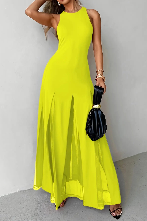 Solid Color Round Neck Sleeveless Slim Fit Sheer Patchwork Hem Maxi Dress