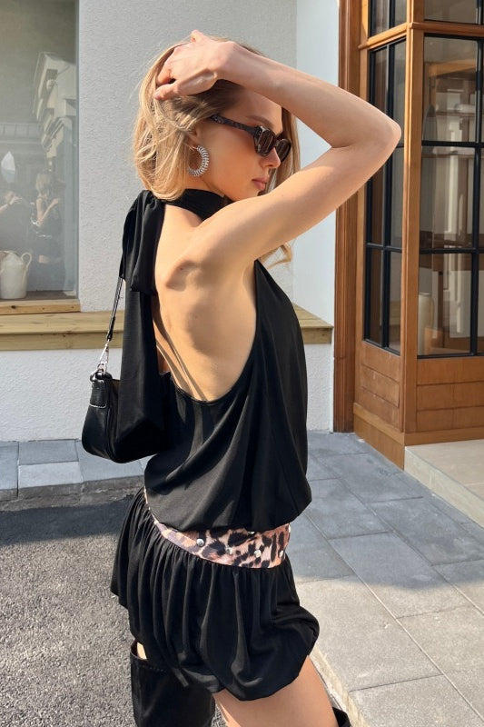 Halter High Neck Studded Waistband Bubble Hem Tulip Skirt Mini Dress