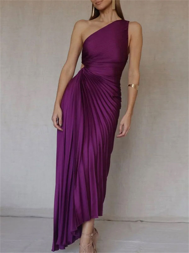 Ootddress Elegant Female Sexy Dress Gown Pleated One-Shoulder Sleeveless Summer Party Dress Fashion Slim Solid For Women Maxi Dress