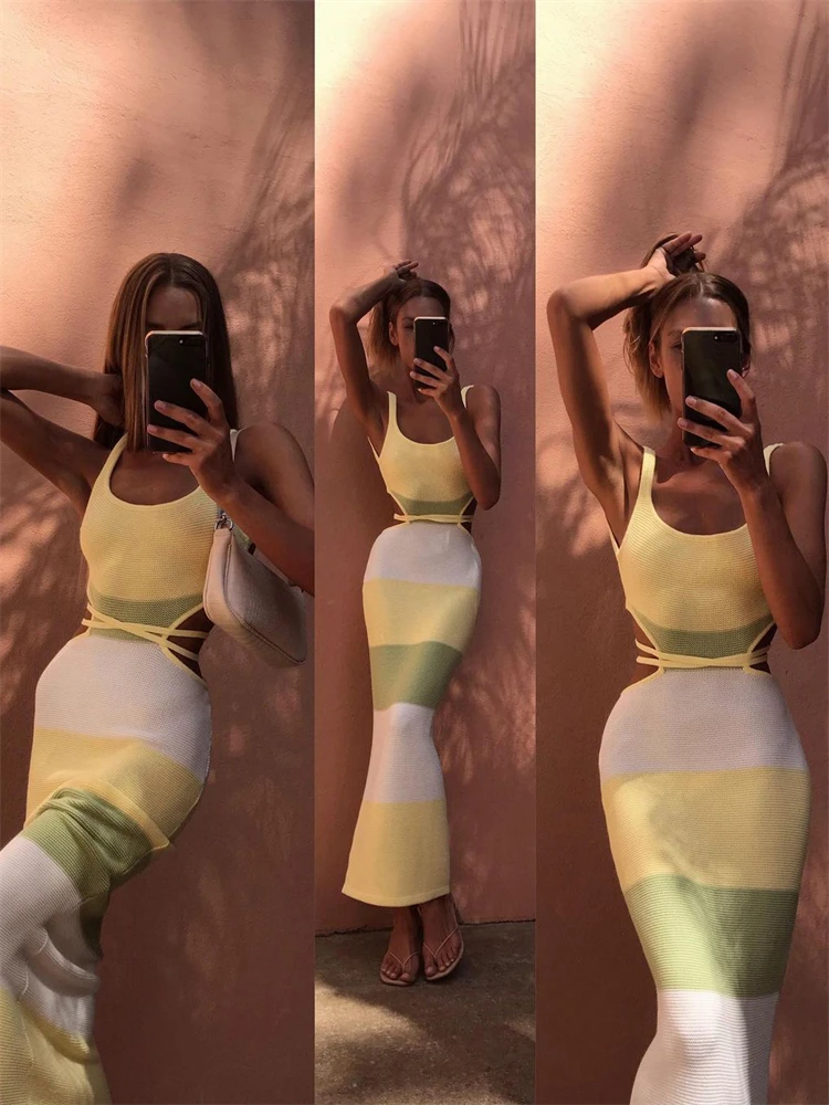 Ootddress Holiday Crochet Summer Dress Backless Maxi Bodycon Dress For Women Beach Party Spaghetti Strap Contrast Color Long Dresses 11 Ootddress Holiday Crochet Summer Dress Backless Maxi Bodycon Dress For Women Beach Party Spaghetti Strap Contrast Color Long Dresses