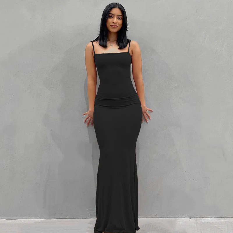 Dresses For Women 2025 Sexy Spaghetti Strap Black Long Dress Evening Y2k Sleeveless Solid Skinny Bodycon Maxi Vestidos