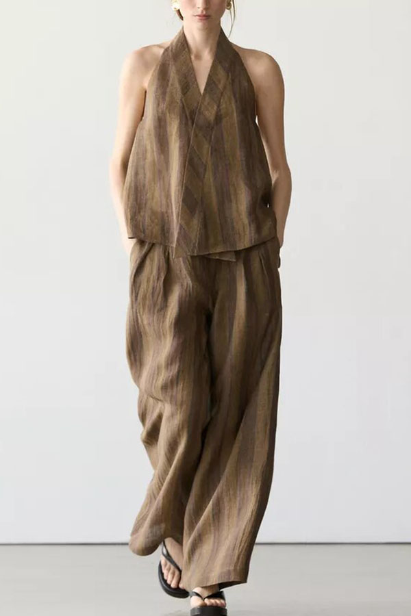 Aloof Style Striped Linen Blend Halter Vest and High Rise Button Pocket Wide Leg Pants Set