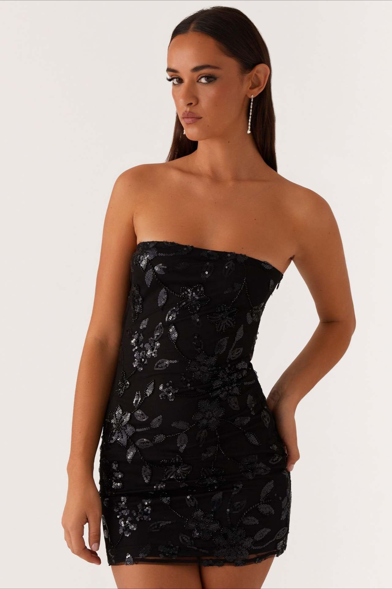 Strapless Sequin Floral Embroidered Mesh Bodycon Mini Dress