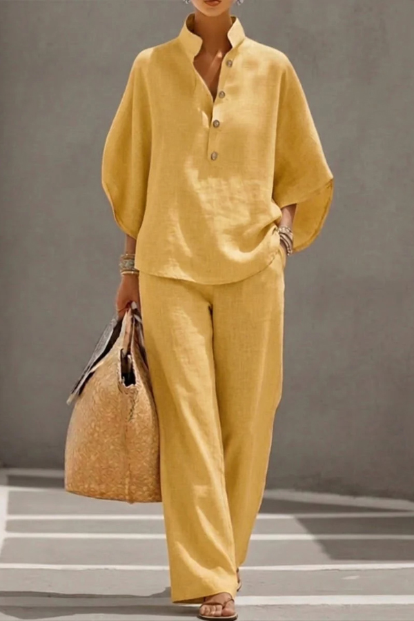 Linen Blend Solid Color Button-down Loose Top and Elastic Waist Pocket Casual Pants Set