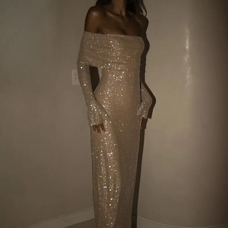 Ootddress Luxury Sequin Fashion Maxi Dress Female Off-Shoulder Pleated Slim Glitter Long Sleeve Backless Party Dress Gown Ladies