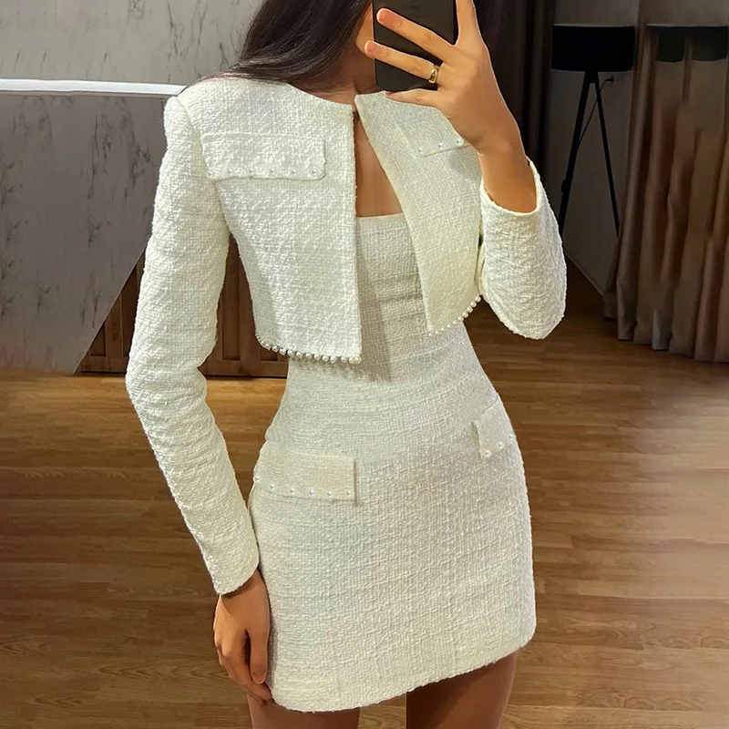 Ootddress Pearl Dress Sets Women Autumn Long Sleeve Coat And Mini Dress Two Piece Sets Femme Sexy Strapless Dress Matching Sets