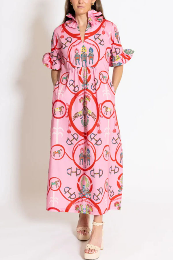 Churchill Social Playful Warhorse Print Stand Neck Ruffle Sleeve Belted Pocket Caftan Midi Dress