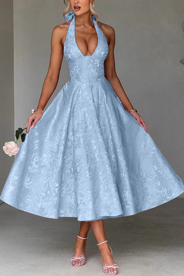Stylish Jacquard Halter Neck Fitted Waist Open Back Elegant Midi Dress