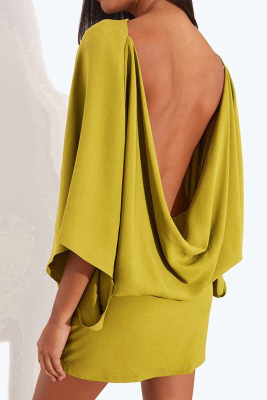 Deep Back Cowl Neck Draped Wing Sleeve Loose Mini Dress