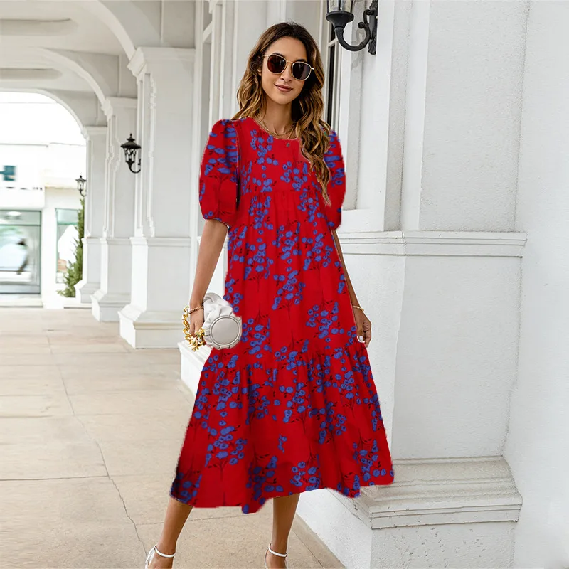 2025 Summer New Women's Print Dress Puff Short Sleeves Ruffles Loose A-line Midi Dresses Fashion Casual Beach Vacation Vestidos 6 undefined