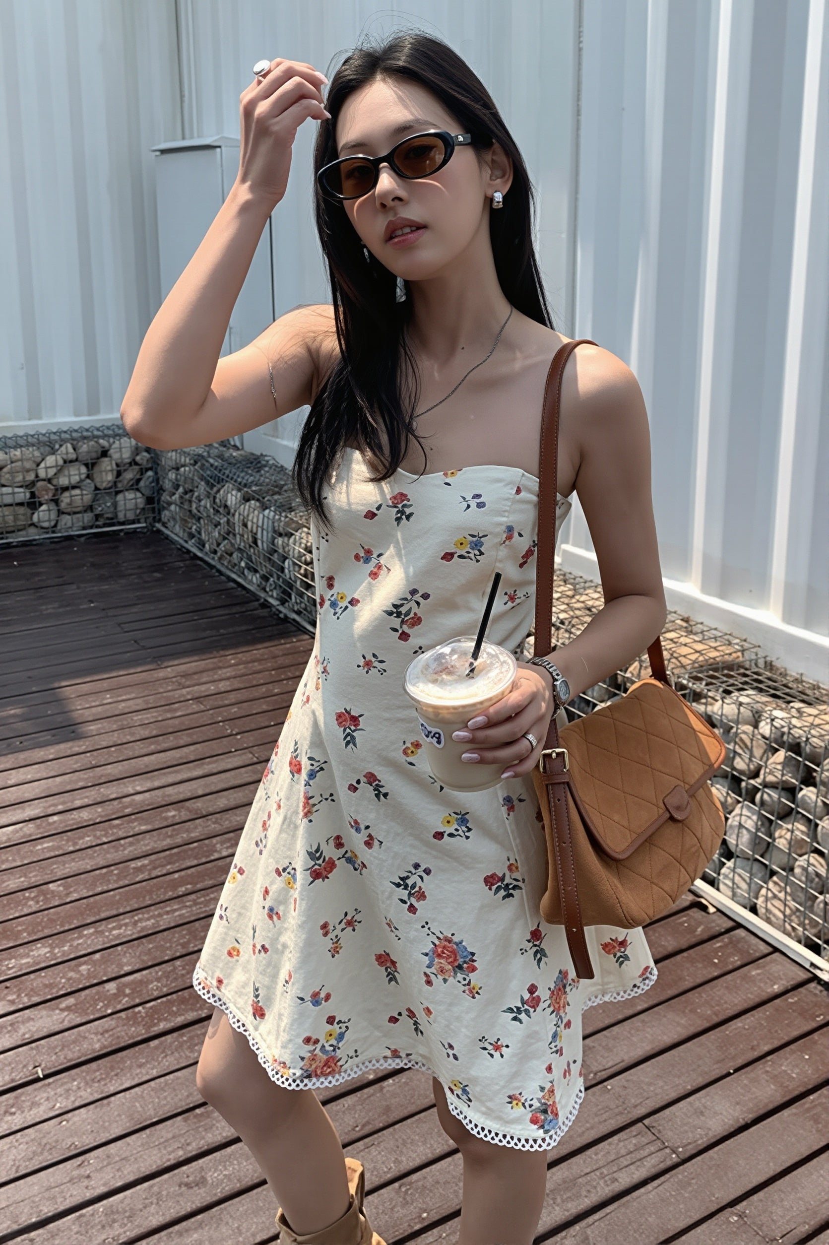 Strapless Floral Print Scalloped Lace Hem Bandeau Mini Dress