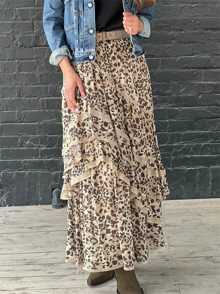Ootddress Leopard Printed Maxi Skirt Female Ruffled Patchwork Fashion Summer 2025 High Waist Bandage Party Looks Women Long Skirt