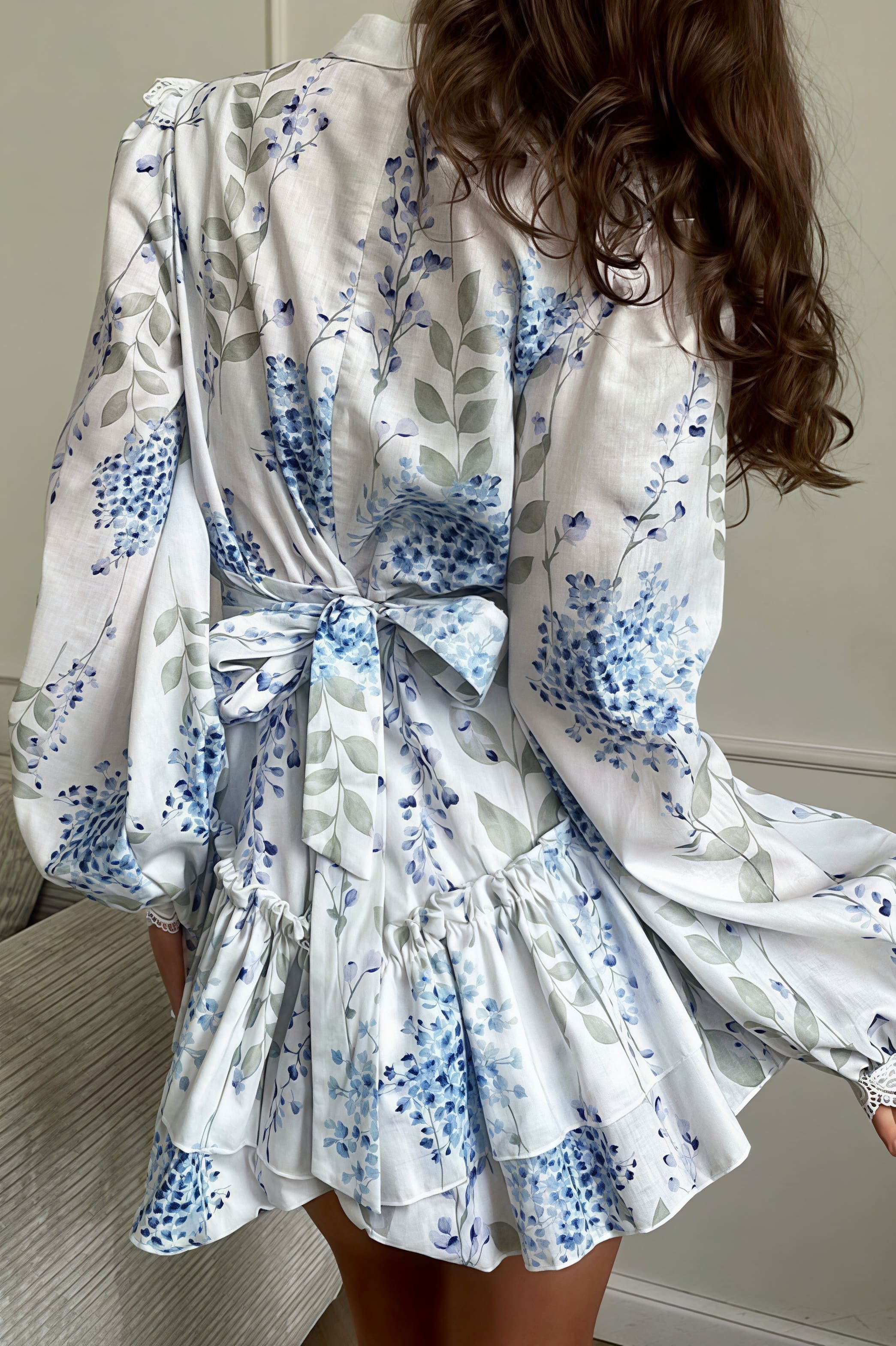 High Neck Lace Panel Button Front Bell Sleeve Tiered Ruffle Mini Dress