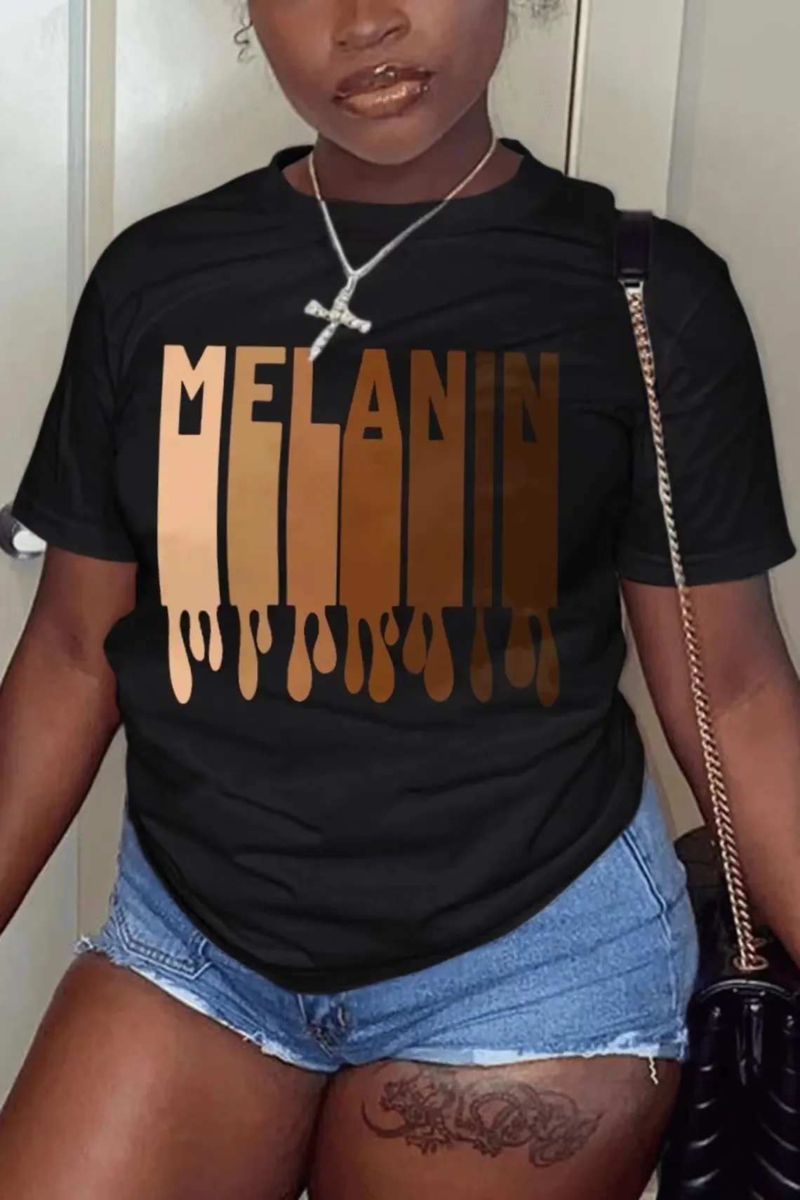 Plus Size Woman Clothes 2025 Summer Casual Round Neck Short Sleeve Melanin Letter Print T-shirt