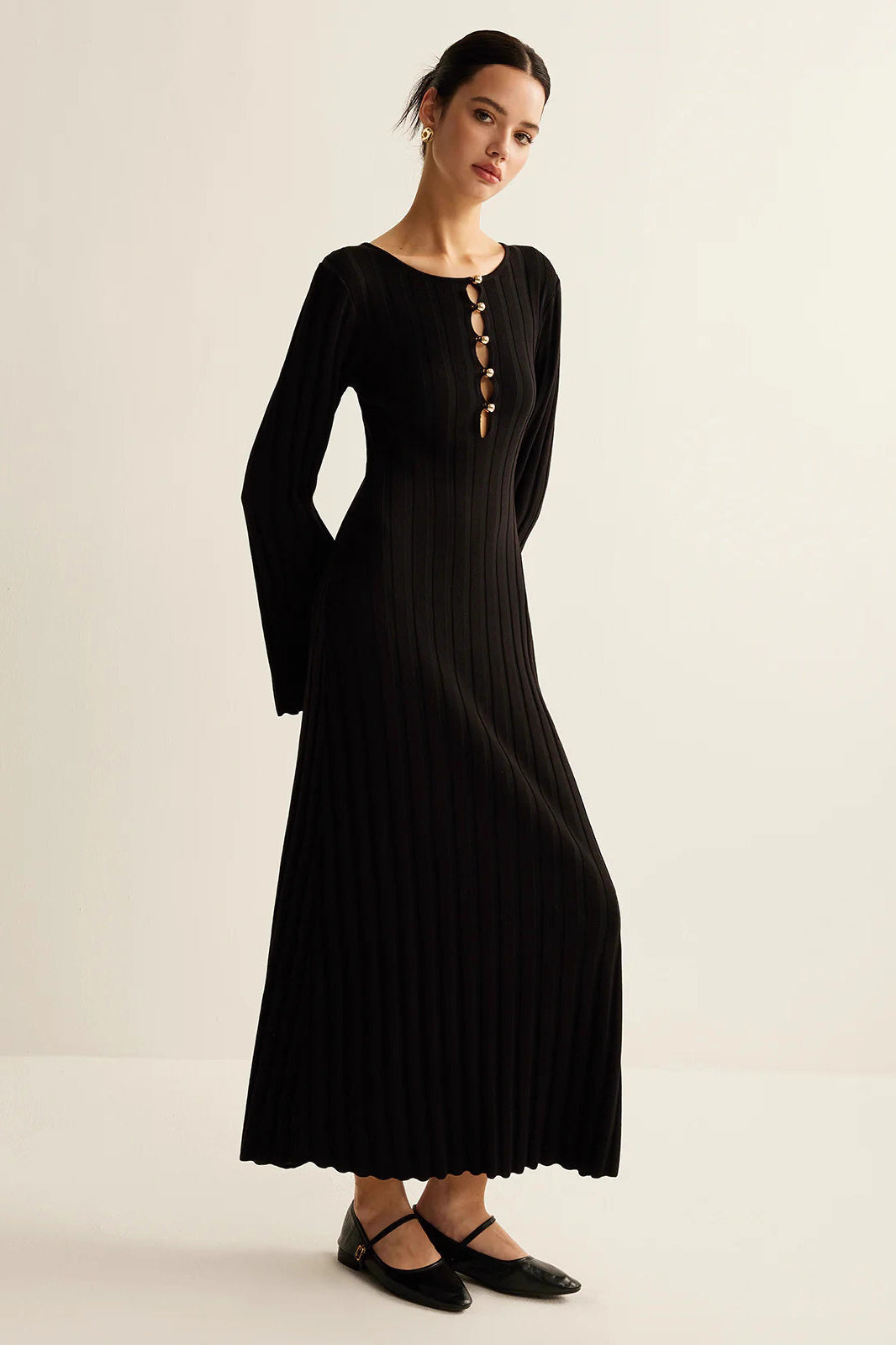 Black V-Neck Button Front Sweater Dress