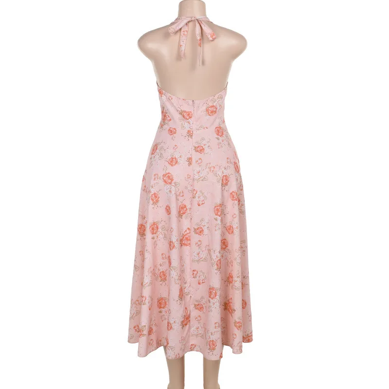 Ootddress Sexy Print Deep V-neck Sleeveless Backless Neck-mounted Dress Women Slim High Waist Birthday Party Dress Femme Outfits