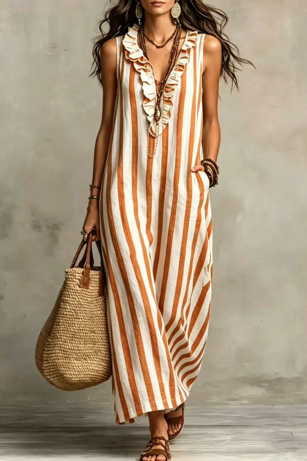 Fashionable Striped Print V-neck Ruffled Sleeveless Pockets Casual Midi Dress