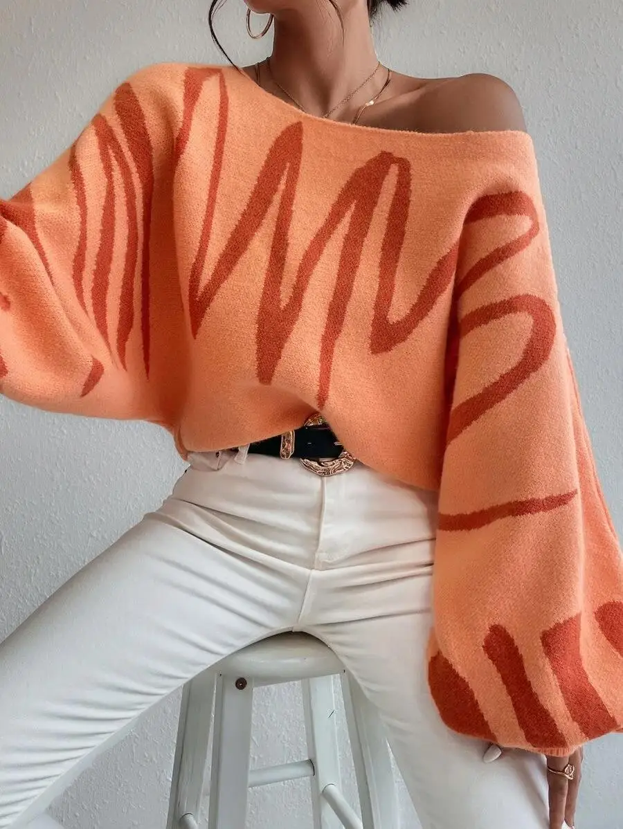 Ootddress Off Shoulder Sweater For Women Batwing Sleeve Pullover Knit Loose Jumper Tops Art Printed Spring New Oversized Sweaters