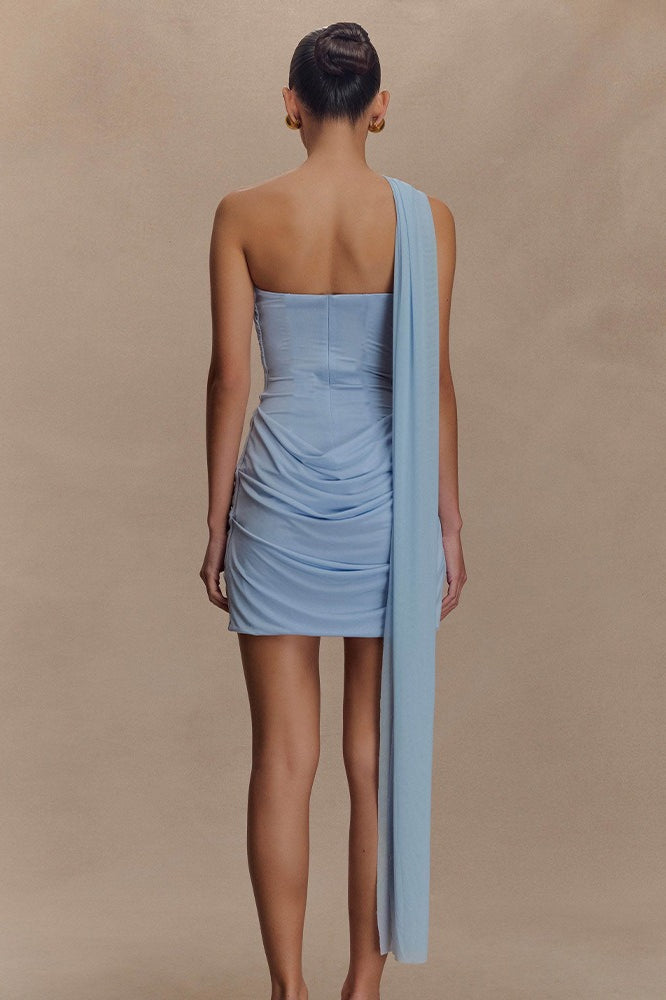 One-Shoulder Mesh Sash Corset Panel Ruched Bodycon Mini Dress