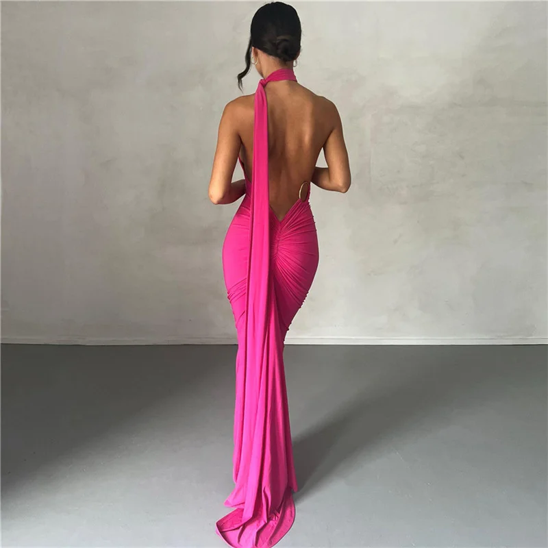 Ootddress Sexy Backless Hanging Neck Bodycon Evening Dress For Women Strapless Max Female Dress Charming Club Party Prom Dress
