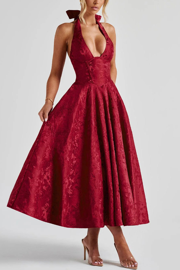 Stylish Jacquard Halter Neck Fitted Waist Open Back Elegant Midi Dress