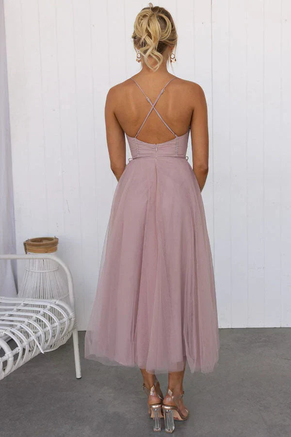 Sweetheart Neck Spaghetti Strap Corset Lace Up Tulle Skirt Midi Dress