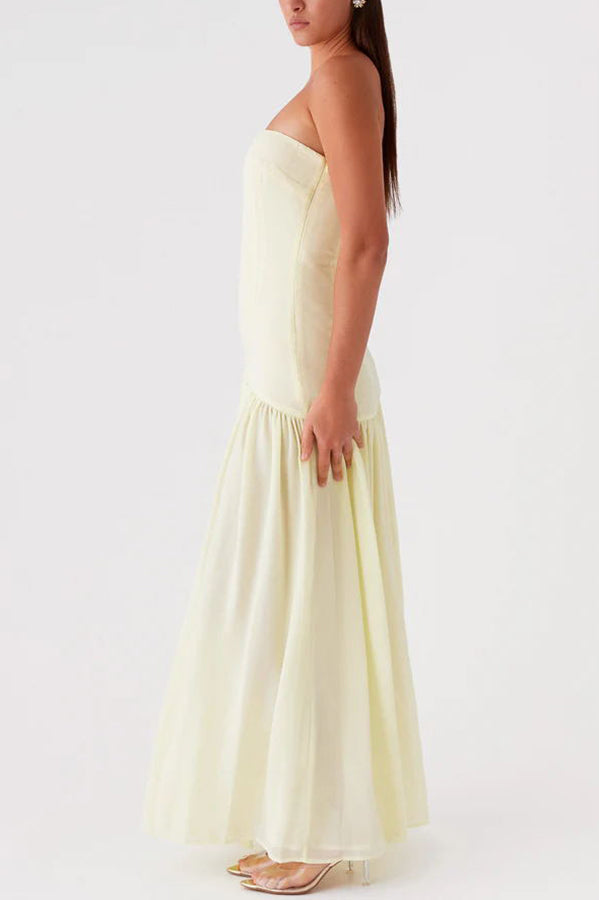 Strapless Bandeau Drop-Waist Gathered Chiffon High-Slit Maxi Gown