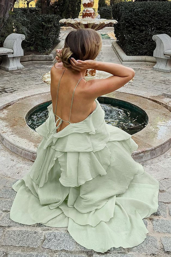 Romantic Summer Chiffon Tiered Ruffle Deep V-Back Halter A-line Maxi Design