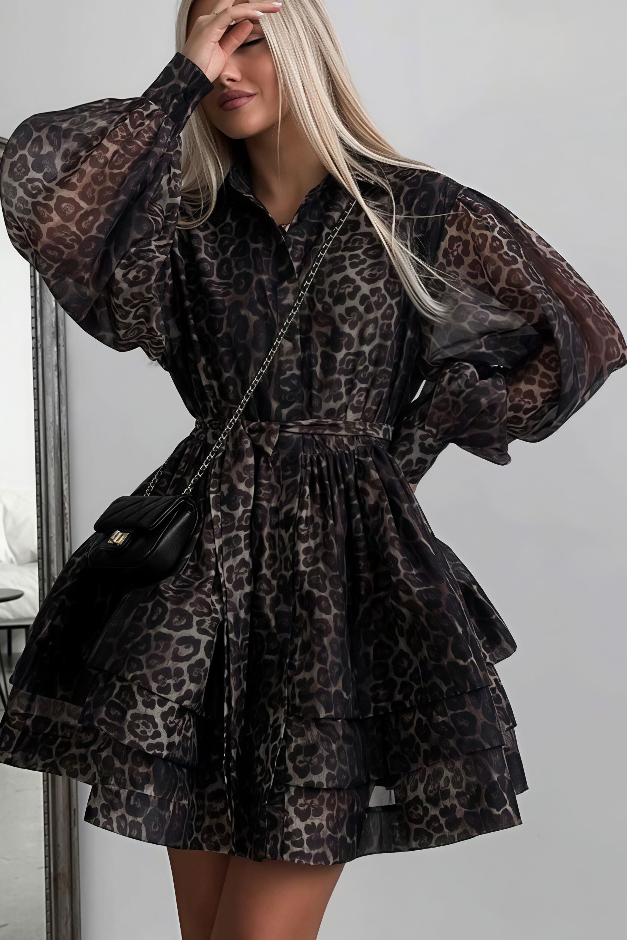 Collared Button Front Sheer Print Puff Sleeve Tiered Ruffle Mini Shirt Dress