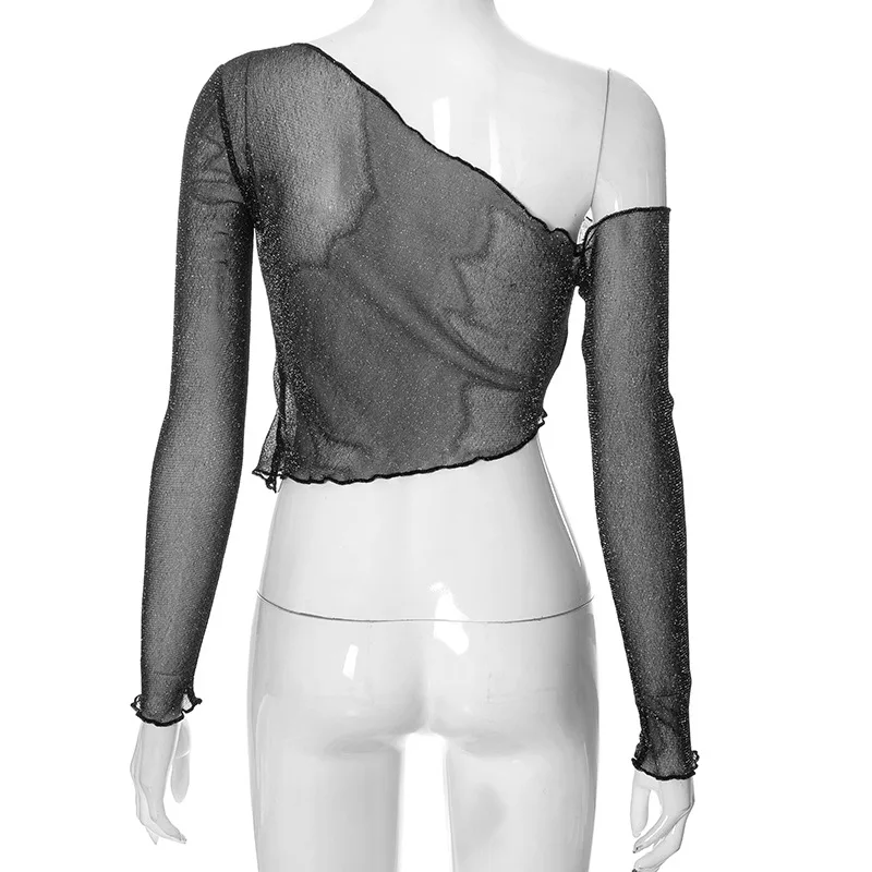 Ootddress Sheer Mesh Crop Top Tee Summer See-Through Streetwear One-Shoulder Tops For Women Slim Cropped Mesh Lace Black T-Shirt
