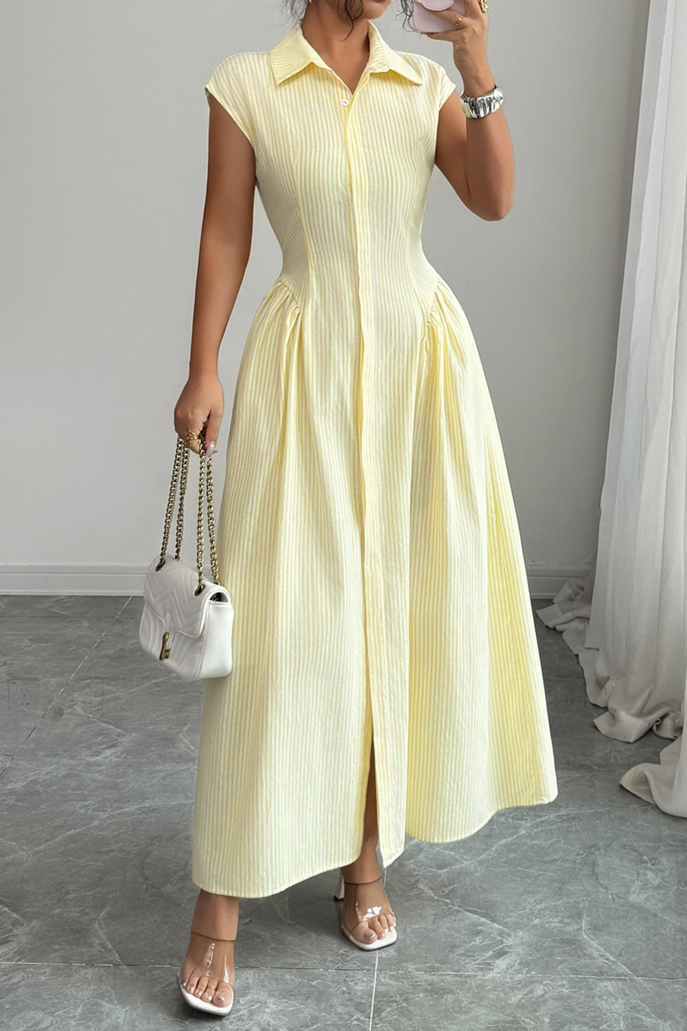 Beige Collared Sleeveless Pinstripe Cinched Waist Slit Maxi Shirt Dress
