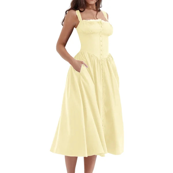 Square Neck Lace Trim Button Front Basque Waist Corset Midi Dress